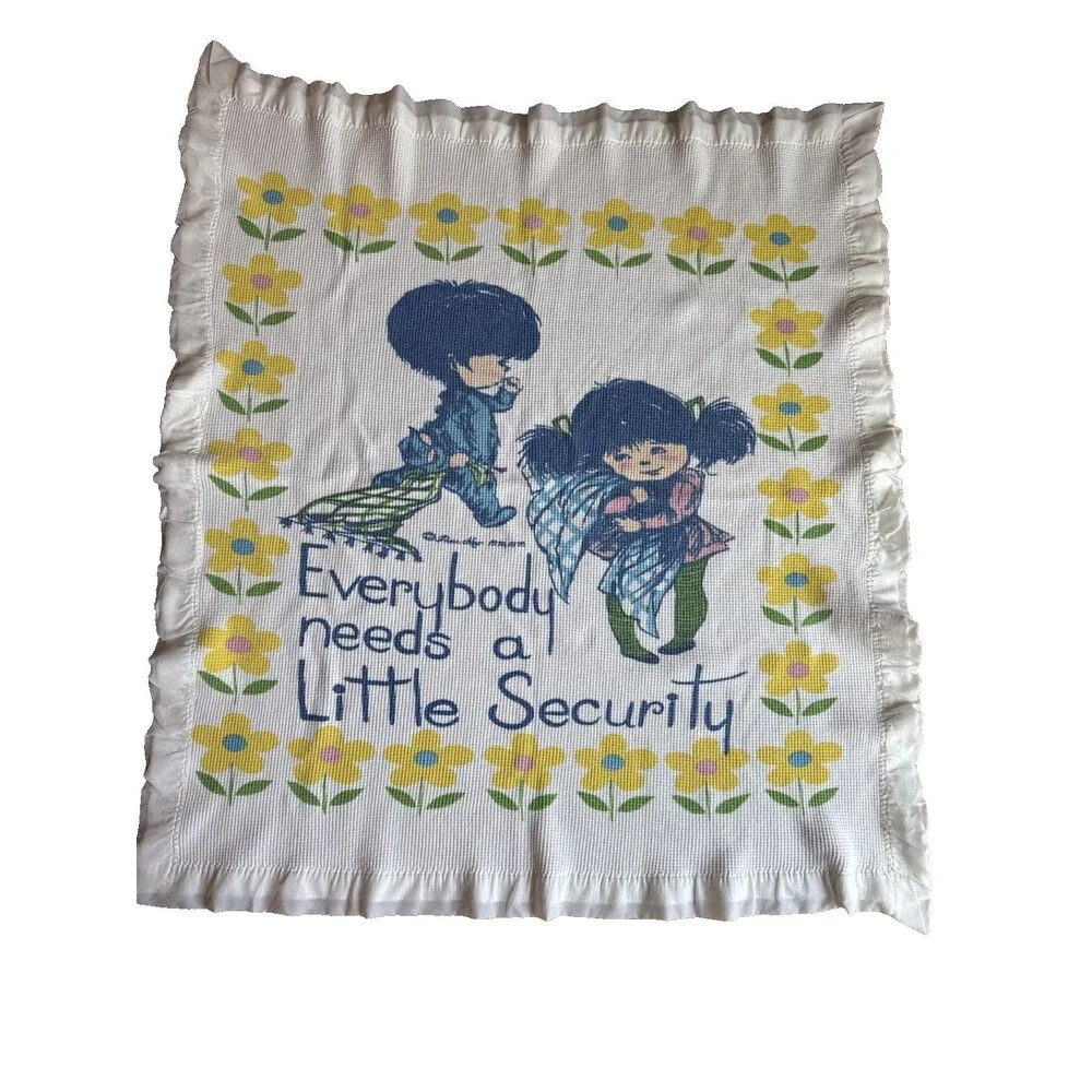Thermal 1973 Waffle Baby Blanket Everybody Needs A Little Security Satin Trim